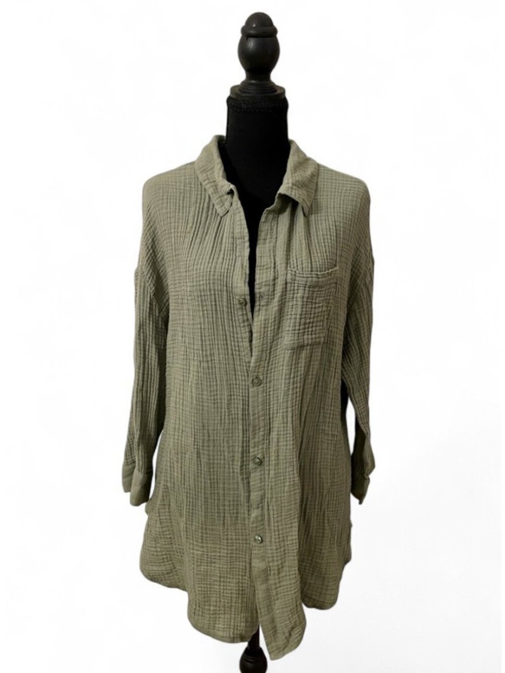 Kona Sol Sage Green Cotton Top Button Down Cover Up Beach Resort Crinkle Gauze L